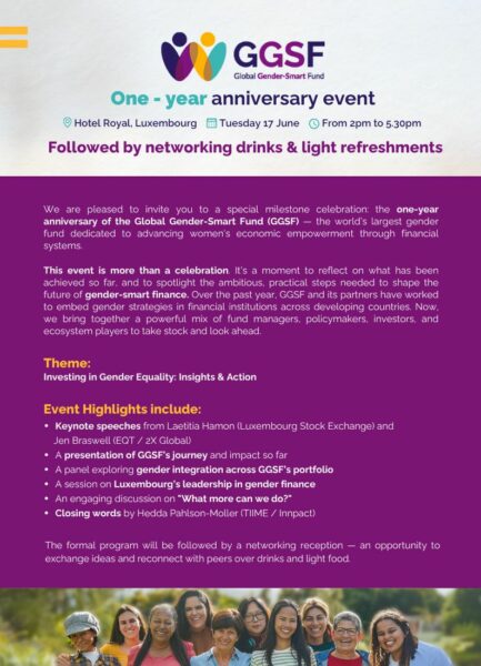 Global Gender Smart Fund event is being held on Tuesday 17 June at Hotel Royal, Luxembourg from 2pm to 5.30pm. It is followed by networking drinks and light refreshments.